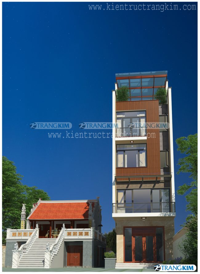 Hình ảnh phối cảnh thiết kế nhà ống 5 tầng kết hợp nhà thờ 3