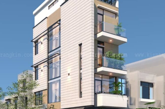 Thiết kế nhà ống 4 tầng 1 tum lệch tầng có gara ô tô tại Hà Nội.