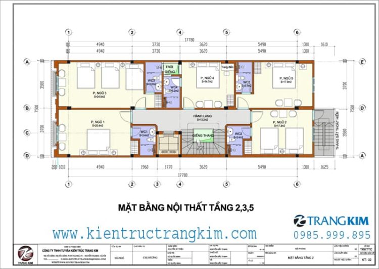Thiết kế nhà nghỉ 5 tầng 1 tum mặt tiền 7,5m