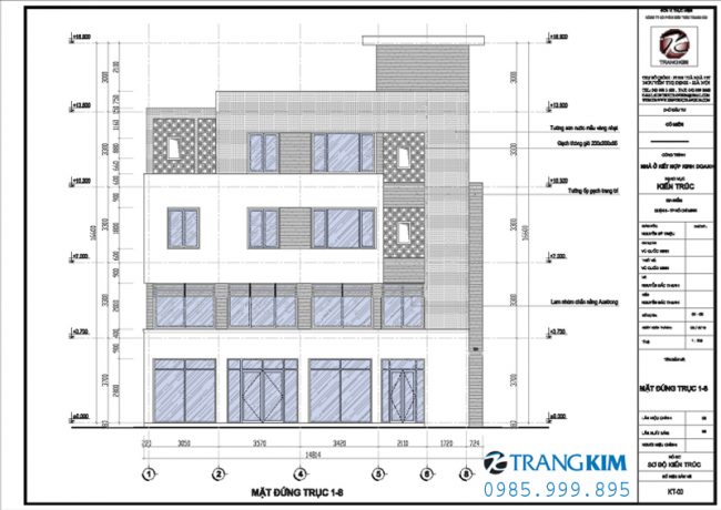Mặt đứng, mặt cắt thiết kế nhà ống trên đất hình thang 1