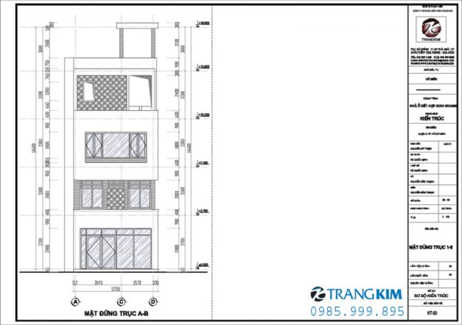 Mặt đứng, mặt cắt thiết kế nhà ống trên đất hình thang 2