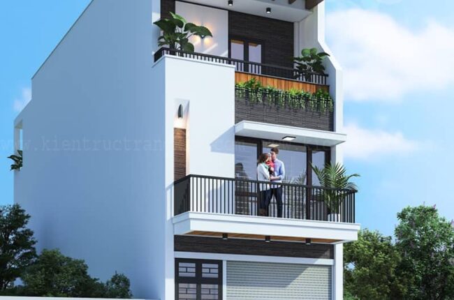 Thiết kế nhà ống 3 tầng 4 phòng ngủ hiện đại 5x18m có gara
