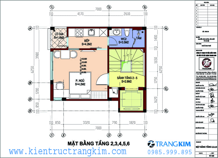 mặt bằng kiến trúc tầng 2-6 nhà cho thuê 40m2