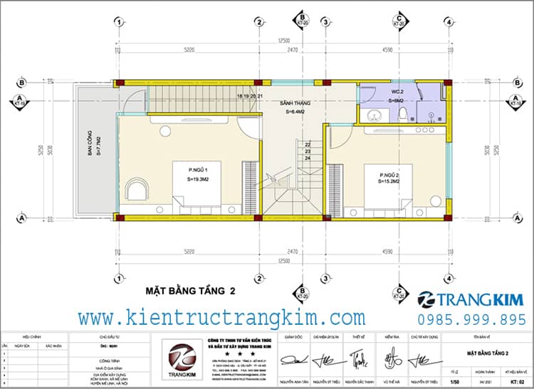 Mặt bằng thiết kế tầng 2 nhà lô 5.25x12.5m