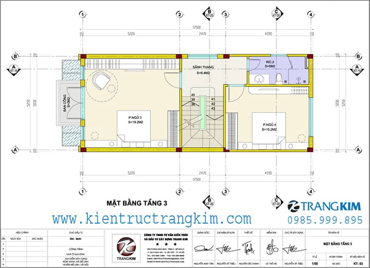 Mặt bằng thiết kế tầng 3 nhà lô 5.25x12.5m