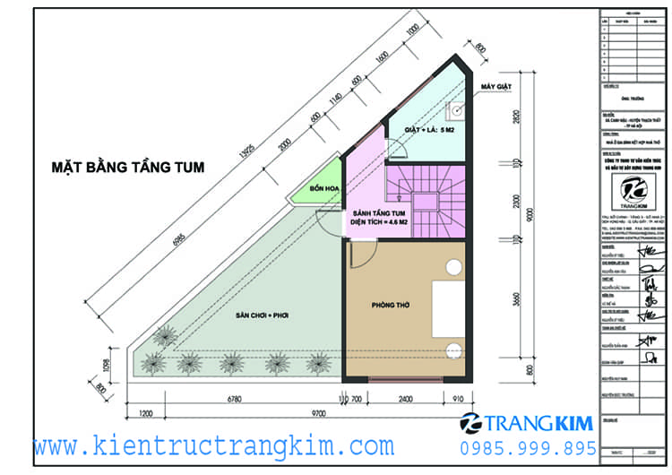 Mặt bằng thiết kế tầng tum 1 Thiết kế nhà hình tam giác với 2 mặt thoáng tang 1