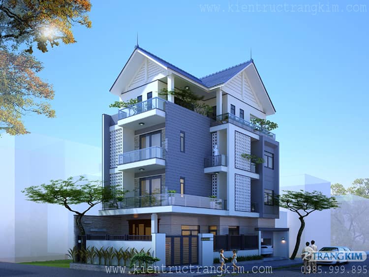 Hình ảnh phối cảnh kiến trúc biệt thự phố lô góc 2 mặt thoáng 1 biệt thự 3 tầng 1 tum