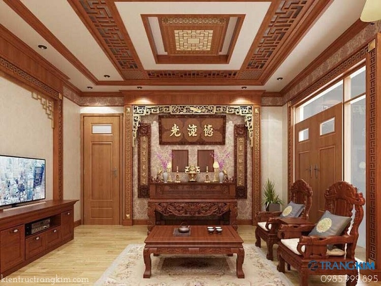 Phòng khách và bàn thờ sang trọng với nội thất gỗ