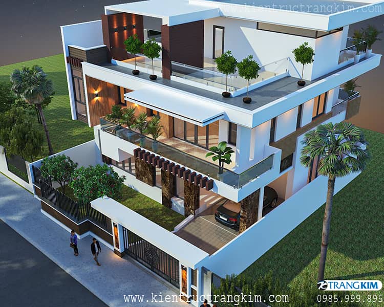 Phối cảnh kiến trúc biệt thự 3 tầng 6 phòng ngủ 4 biệt thự hiện đại 3 tầng 6 phòng ngủ