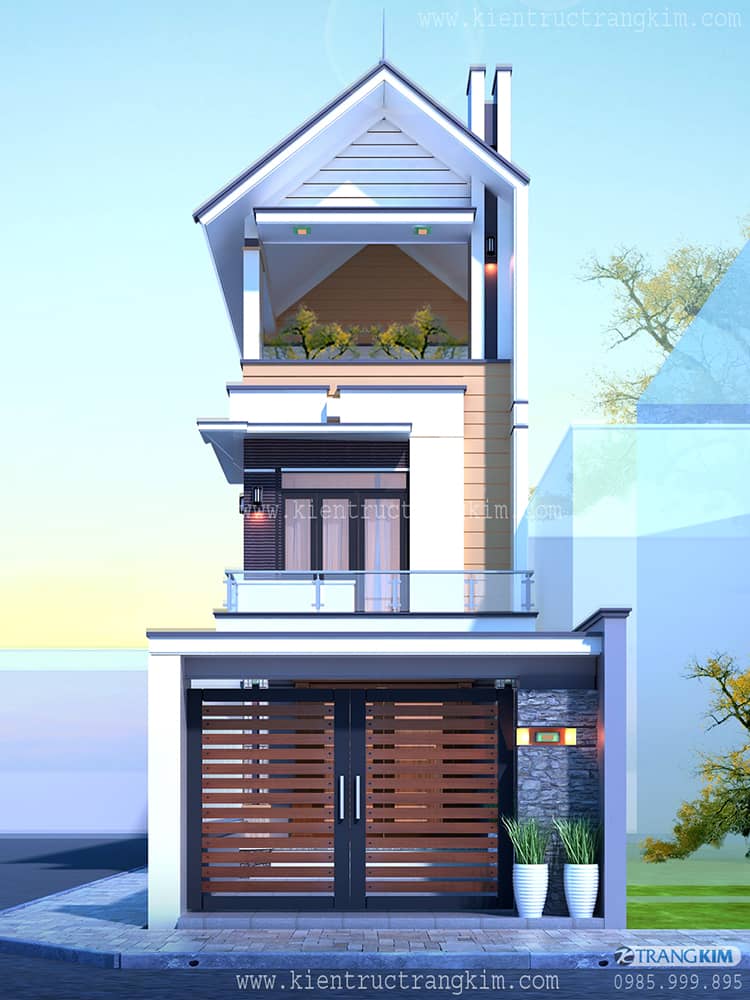 Hình ảnh phối cảnh căn nhà 2 nhà ống 3 tầng 5 phòng ngủ mái thái diện tích 4.7m x34m