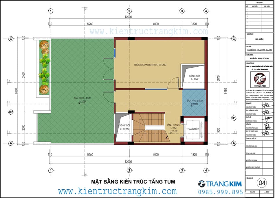 Mặt bằng thiết kế tầng tum 1 Mặt bằng kiến trúc tầng tum