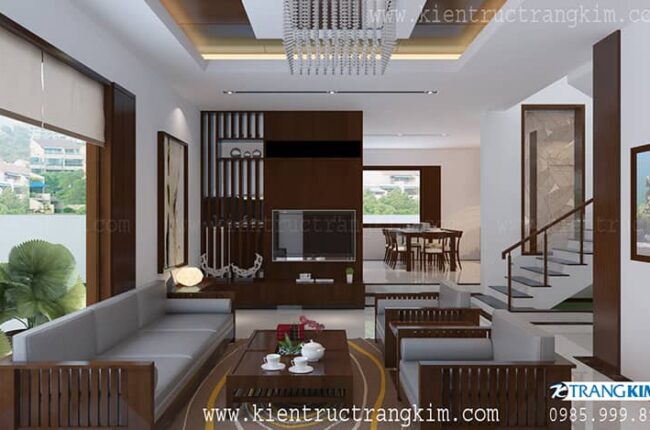 Phòng khách hiện đại, sang trọng với nội thất gỗ ấm cúng.