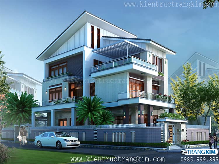 Phối cảnh kiến trúc biệt thự mái dốc 3 tầng hiện đại