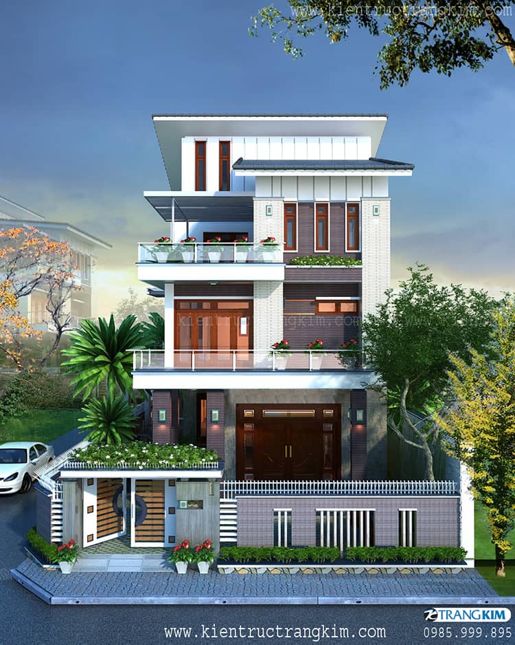 Phối cảnh kiến trúc biệt thự mái dốc 3 tầng hiện đại