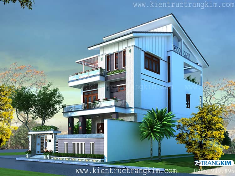 Phối cảnh kiến trúc biệt thự mái dốc 3 tầng hiện đại