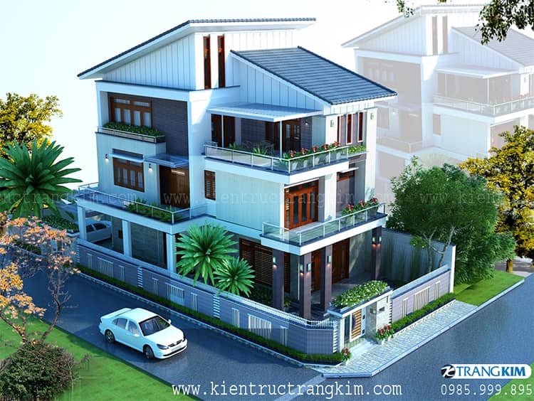 Phối cảnh kiến trúc biệt thự mái dốc 3 tầng hiện đại