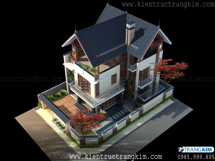 Thiết kế biệt thự 3 tầng mái Thái với 5 phòng ngủ