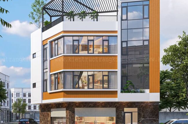 phối cảnh kiến trúc nhà lô góc 3 tầng hiện đại