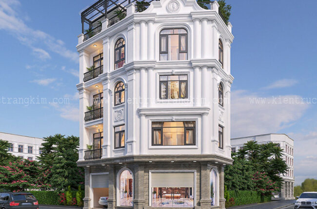 Thiết kế biệt thự lô góc 4 tầng 1 tum 3 phòng ngủ tân cổ điển sang trọng!