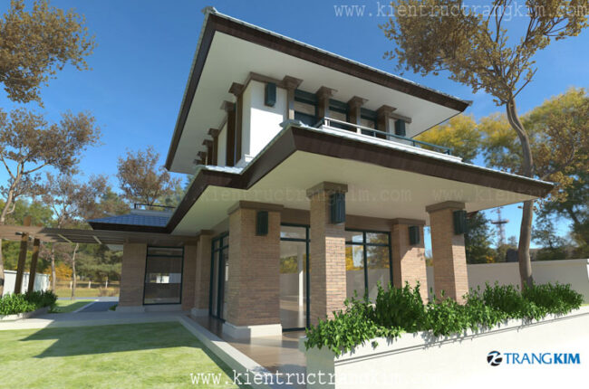 Biệt thự một tầng hiện đại với kiến trúc mái dốc độc đáo.