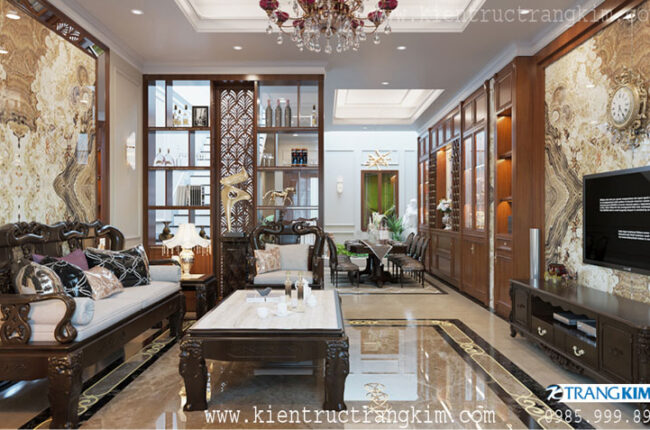 Phòng khách sang trọng với nội thất gỗ chạm khắc tinh xảo.