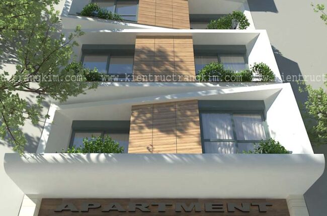 Mặt tiền tòa nhà apartment hiện đại với thiết kế kiến trúc độc đáo.