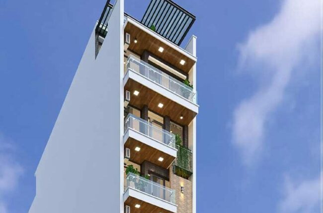 Mặt tiền nhà phố hiện đại, sang trọng với ban công kính và gỗ.