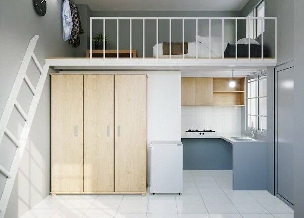 Phòng ngủ gác lửng nhỏ gọn, hiện đại với nội thất tối giản.