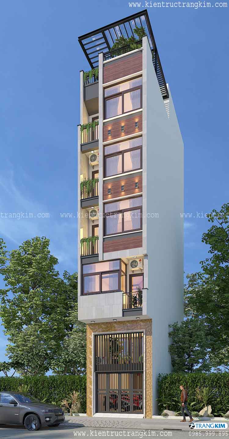 Hình ảnh phối cảnh kiến trúc công trình 2 nhà ống 5 tầng 1 tum 1 lung