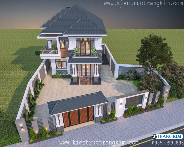 thiết kế biệt thự mái nhật 2 tầng