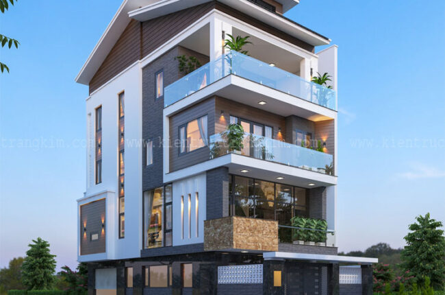 Phối cảnh kiến trúc nhà lô góc 4 tầng 2 mặt thoáng