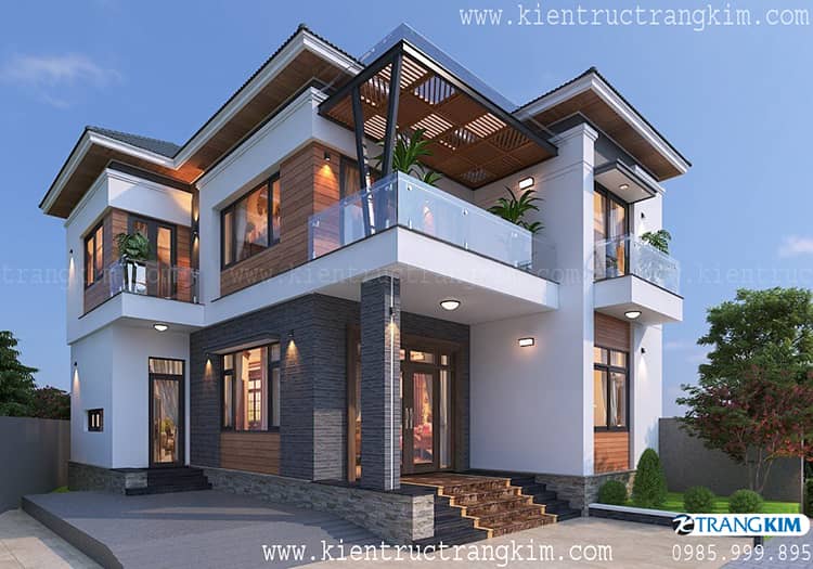 Hình ảnh phối cảnh kiến trúc công trình 2 biệt thự 2 tầng mái nhật hiện đại