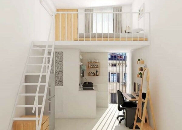 Nội thất phòng nhỏ gọn, hiện đại với gác lửng tiện nghi.