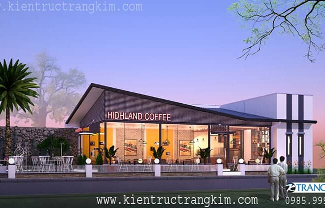 Kiến trúc Highland Coffee hiện đại, sang trọng với thiết kế mặt tiền kính lớn.