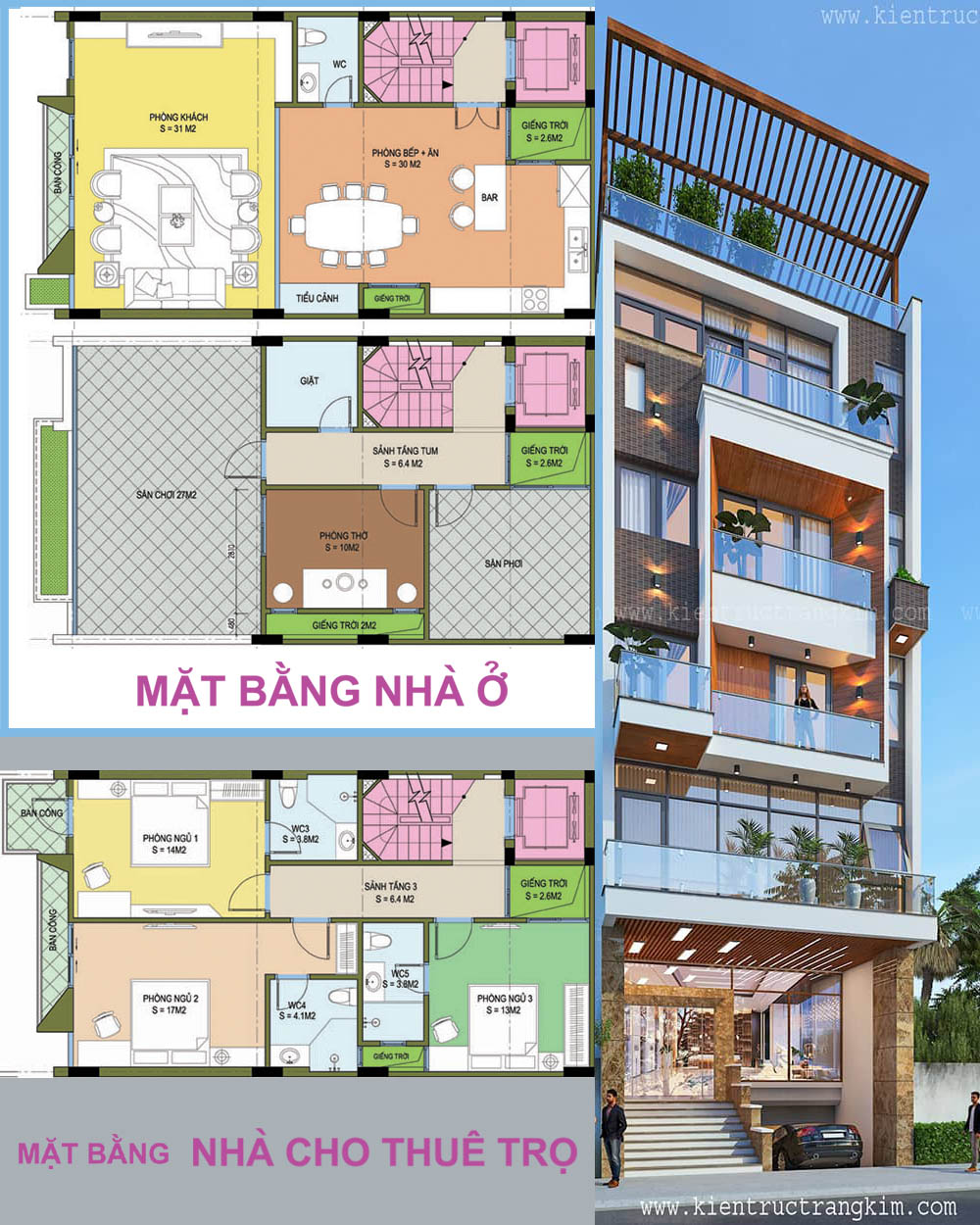 Mặt bằng nhà ở nhiều tầng, thiết kế hiện đại, thoáng đãng.