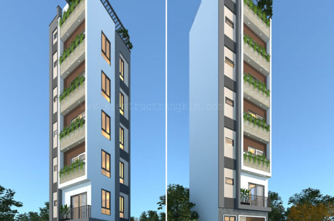 Hình ảnh phối cảnh kiến trúc tòa nhà cao tầng hiện đại, sang trọng.