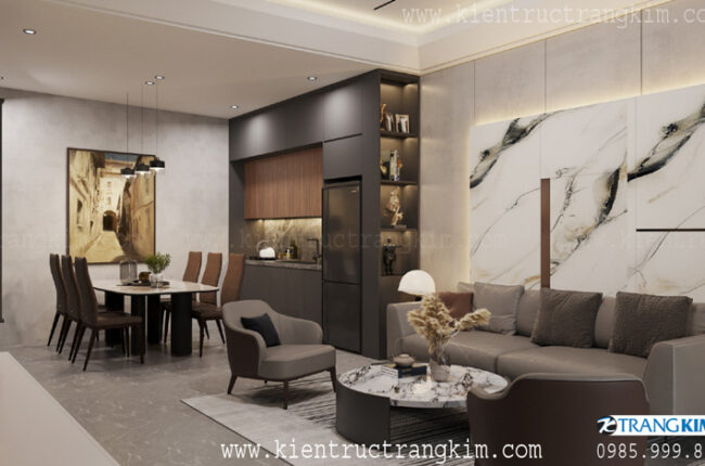 Phòng khách hiện đại, tối giản với tông màu trung tính ấm áp.