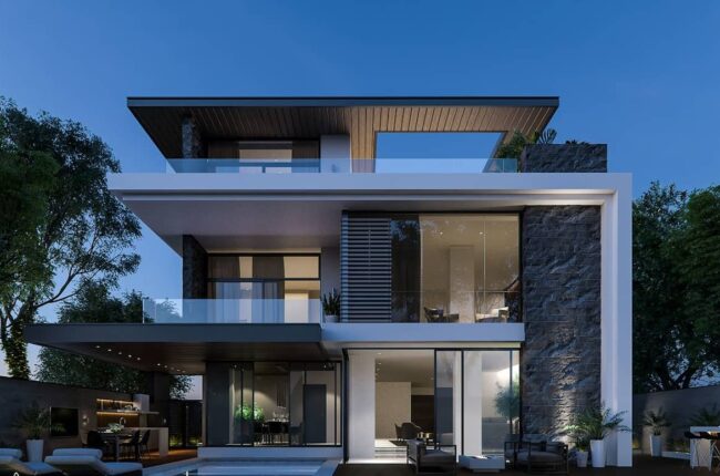 Biệt thự hiện đại kiến trúc tối giản, sang trọng dưới ánh đèn đêm.