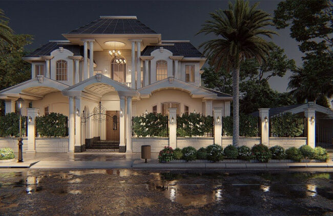 Biệt thự phong cách châu Âu sang trọng, lộng lẫy dưới ánh đèn đêm.