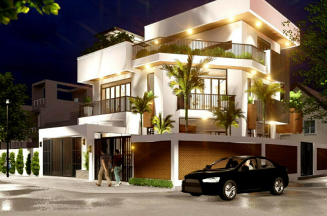 Biệt thự hiện đại ba tầng với kiến trúc sang trọng, ánh sáng ấm áp.
