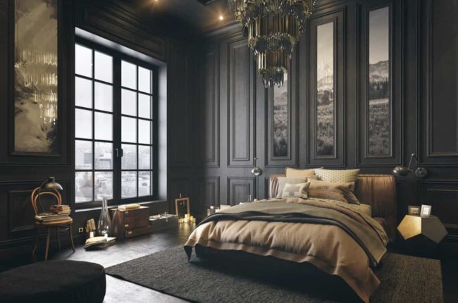 Phòng ngủ sang trọng, tông màu tối, ánh sáng ấm áp và nội thất cổ điển.