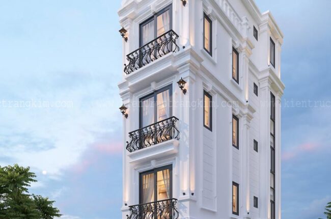 Mặt tiền biệt thự phong cách tân cổ điển trắng tinh khôi, sang trọng.