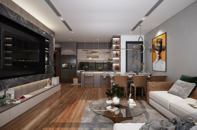 Phòng khách hiện đại, sang trọng với tông màu trung tính ấm áp.