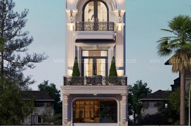Thiết kế nhà ống mặt tiền 4,5m Tân cổ điển có tầng lửng làm kinh doanh