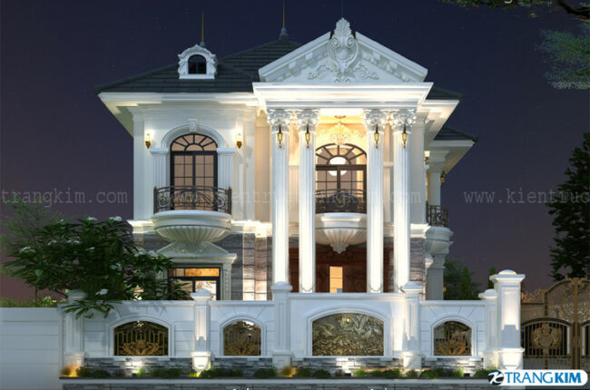 Thiết kế biệt thự cổ điển 2 tầng tại Yên Mỹ, Hưng Yên. Thông tin về Thiết kế biệt thự cổ điển 2 tầng với công năng sử dụng tiện nghi tại xã Yên Phú, huyện Yên Mỹ, tỉnh Hưng Yên. Diện tích đất 16m x 17.2m: 272m2(m2) • Diện tích sàn tầng 1 : 150(m2) • Diện tích sàn tầng 2: 130(m2) • Diện tích văng chéo: 60(m2) • Tổng diện xây dựng: 340 (m2) • Chủ đầu tư: Cô Thủy • Địa chỉ công trình: thôn Bình Phú, xã Yên Phú, huyện Yên Mỹ, tỉnh Hưng Yên • Đơn vị thiết kế : Công ty tư vấn Thiết Kế Kiến trúc và Xây Dựng Trang Kim Công năng sử dụng các tầng như sau: Mặt Bằng Tầng 1 bao gồm cổng hàng rào + sân gạch cây xanh 50m2, tam cấp + tiền sảnh 15m2, phòng khách 26m2, không gian thờ 11m2, phòng ngủ 01 – 16.5m2 + wc khép kín 4m2, không gian cây xanh 4m2, sảnh phụ vào bếp ăn 10m2, Phòng bếp 9m2 + ăn 21m2, cầu thang bộ, wc 3m2. Mặt bằng Tầng 2 bao gồm thang bộ + sảnh tầng, phòng ngủ 02 – 17.5m2, Phòng ngủ 03 – 14.5m2 + ban công cây xanh 5m2, Phòng ngủ 04 – 16.5m2 + wc khép kín 5.5m2 + ban công cây xanh 7m2, kho 11m2, wc 6m2, sân giặt + phơi 9m2. Ảnh Đại Diện Mặt bằng kiến trúc tầng 1 Mặt bằng kiến trúc tầng 2 . Hình ảnh phối cảnh Thiết kế biệt thự cổ điển 2 tầng với công năng sử dụng tiện nghi tại xã thôn Bình Phú, xã Yên Phú, huyện Yên Mỹ, tỉnh Hưng Yên. Phối cảnh thiết kế biệt thự cổ điển 2 tầng – V1 Phối cảnh thiết kế biệt thự cổ điển 2 tầng – V2 Phối cảnh thiết kế biệt thự cổ điển 2 tầng – V3 Phối cảnh thiết kế biệt thự cổ điển 2 tầng – V4 Phối cảnh thiết kế biệt thự cổ điển 2 tầng – V5 Phối cảnh thiết kế biệt thự cổ điển 2 tầng – V6