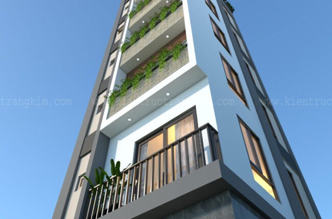 Mặt tiền tòa nhà cao tầng hiện đại với ban công xanh mát.