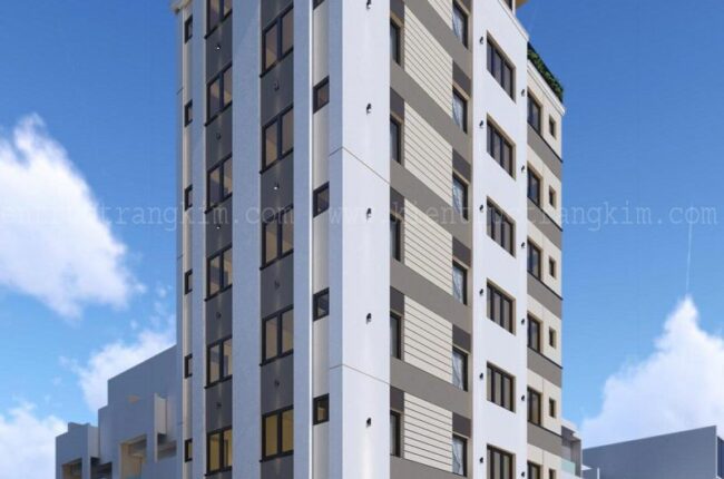 Mặt tiền tòa nhà cao tầng hiện đại với thiết kế tối giản.