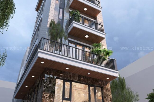 Thiết kế nhà ống lô góc 6 tầng 1 tum hiện đại