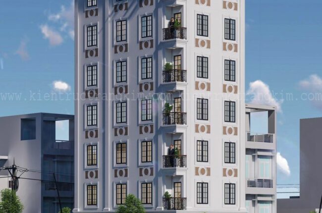 Mặt tiền tòa nhà cao tầng với kiến trúc tân cổ điển sang trọng.