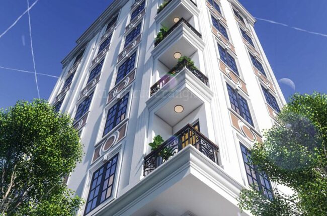 Mặt tiền tòa nhà kiến trúc Pháp hiện đại, sang trọng và nổi bật.